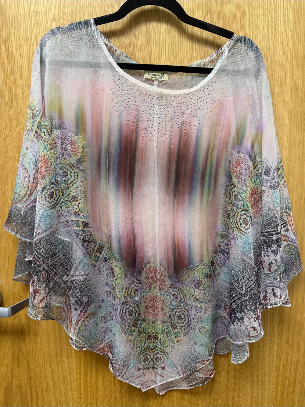 ONE WORLD Dusty Pink Sheer Rhinestone Embellished Poncho Blouse
